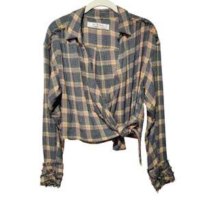 We The Free Plaid Wrap Button-Down Shirt in Navy, Yellow & Tan